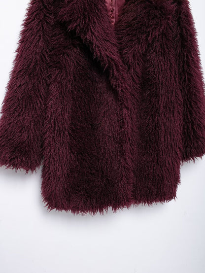 Burgundy Faux Fur Effect Mid-Length Coat - Winter 2025 Fashion Trend | Cozy & Stylish Outerwear