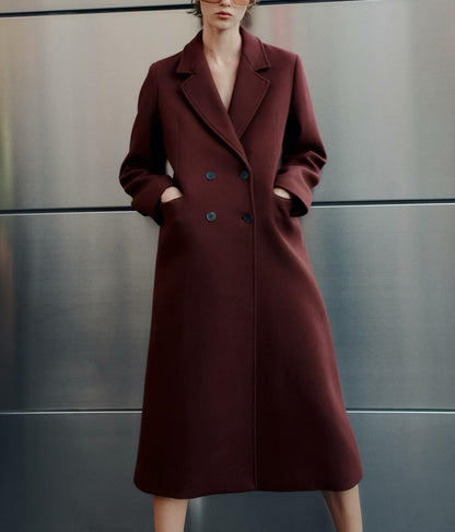 Burgundy Double-Breasted Winter Overcoat - Extra-Long Casual & Office Coat for Fall/Spring