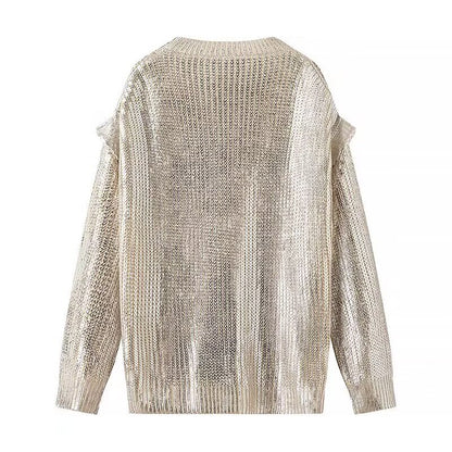 Mid-Length Metallic Pullover Sweater - Casual Long Sleeve Knit with Sequin Detail | Winter Style