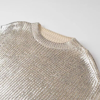 Mid-Length Metallic Pullover Sweater - Casual Long Sleeve Knit with Sequin Detail | Winter Style