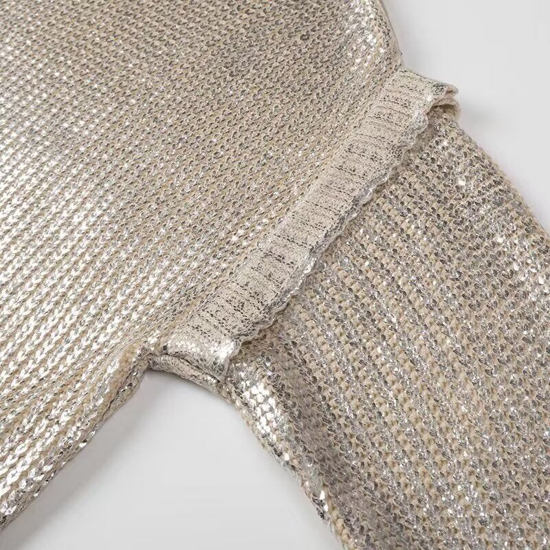 Mid-Length Metallic Pullover Sweater - Casual Long Sleeve Knit with Sequin Detail | Winter Style