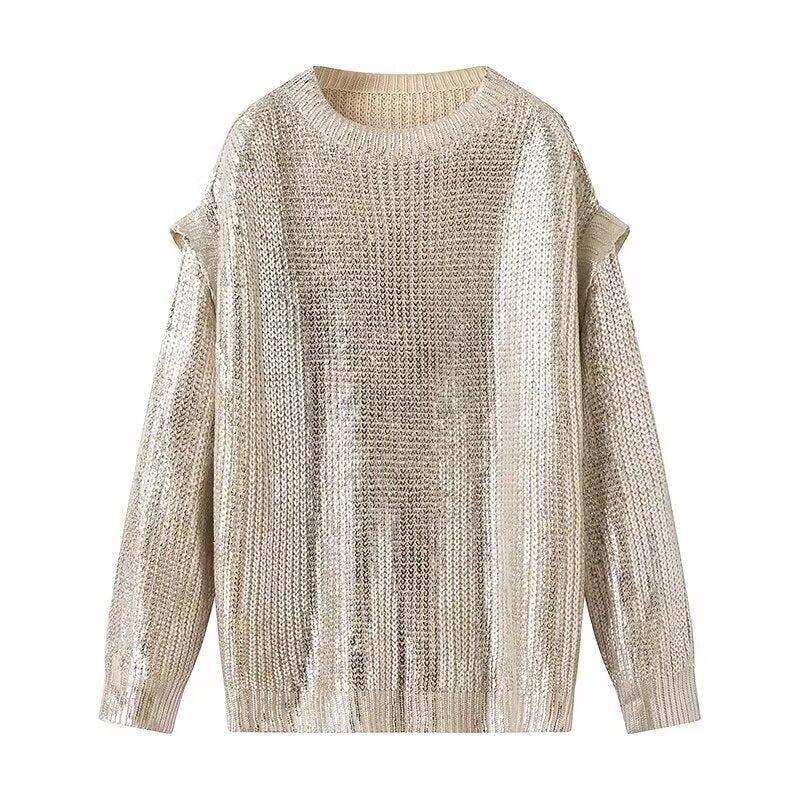 Mid-Length Metallic Pullover Sweater - Casual Long Sleeve Knit with Sequin Detail | Winter Style