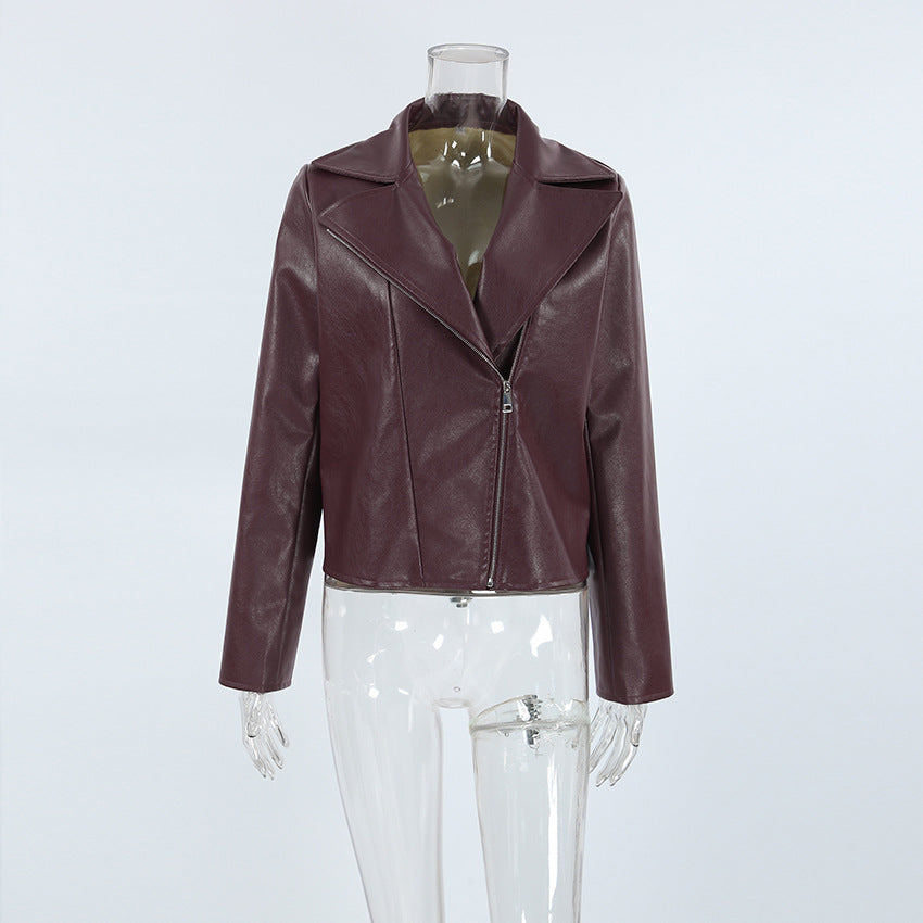 Burgundy Retro Leather Jacket - Wine Red Artificial Leather Collar Long Sleeve Loose Fit | Fall/Winter Commuting Style