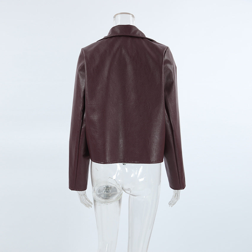 Burgundy Retro Leather Jacket - Wine Red Artificial Leather Collar Long Sleeve Loose Fit | Fall/Winter Commuting Style