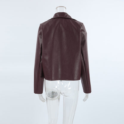 Burgundy Retro Leather Jacket - Wine Red Artificial Leather Collar Long Sleeve Loose Fit | Fall/Winter Commuting Style