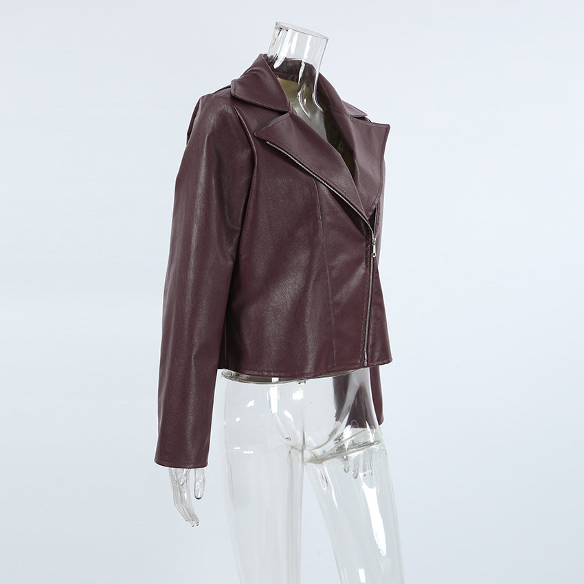 Burgundy Retro Leather Jacket - Wine Red Artificial Leather Collar Long Sleeve Loose Fit | Fall/Winter Commuting Style