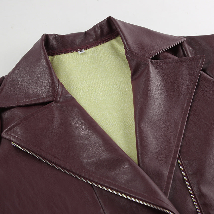 Burgundy Retro Leather Jacket - Wine Red Artificial Leather Collar Long Sleeve Loose Fit | Fall/Winter Commuting Style