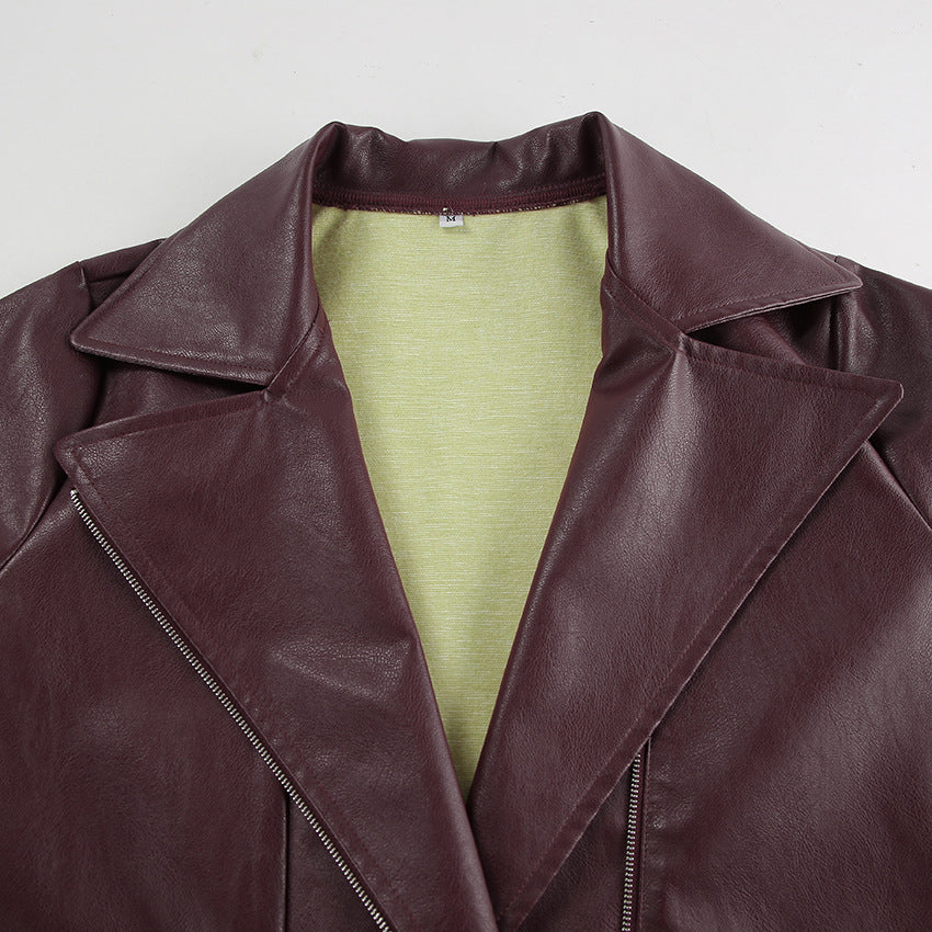 Burgundy Retro Leather Jacket - Wine Red Artificial Leather Collar Long Sleeve Loose Fit | Fall/Winter Commuting Style