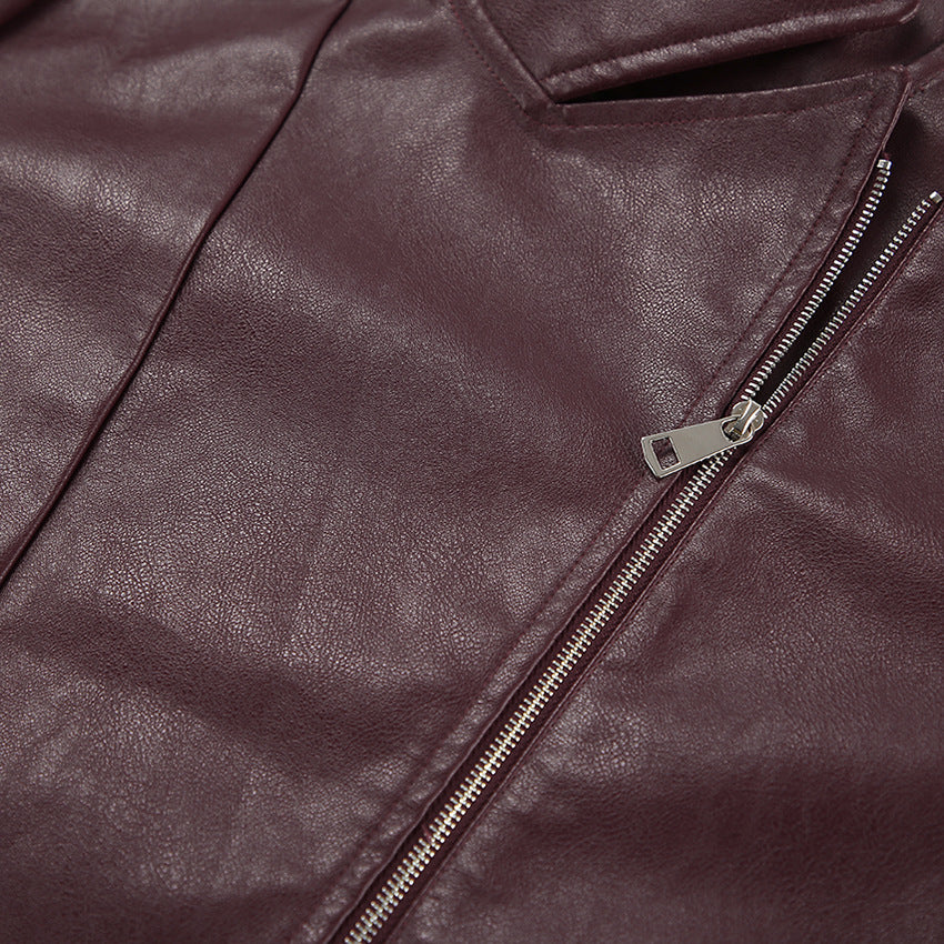 Burgundy Retro Leather Jacket - Wine Red Artificial Leather Collar Long Sleeve Loose Fit | Fall/Winter Commuting Style