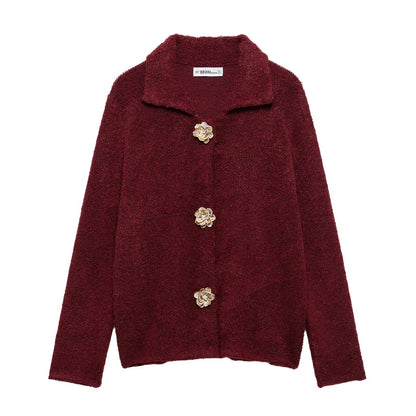 Winter Elegance Knitted Cardigan Floral Button