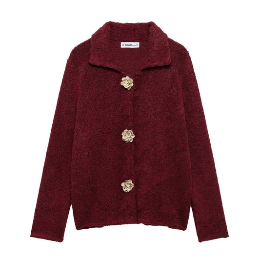 Winter Elegance Knitted Cardigan Floral Button