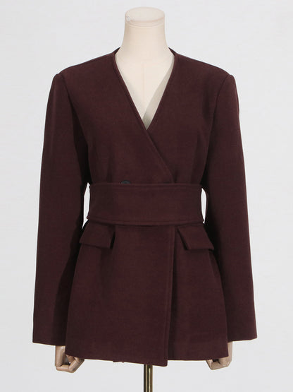 Winter Outfits | Capsule Wardrobe Elegant Burgundy Waist-Tight Top & Loose Wide-Leg Pants Two-Piece Set