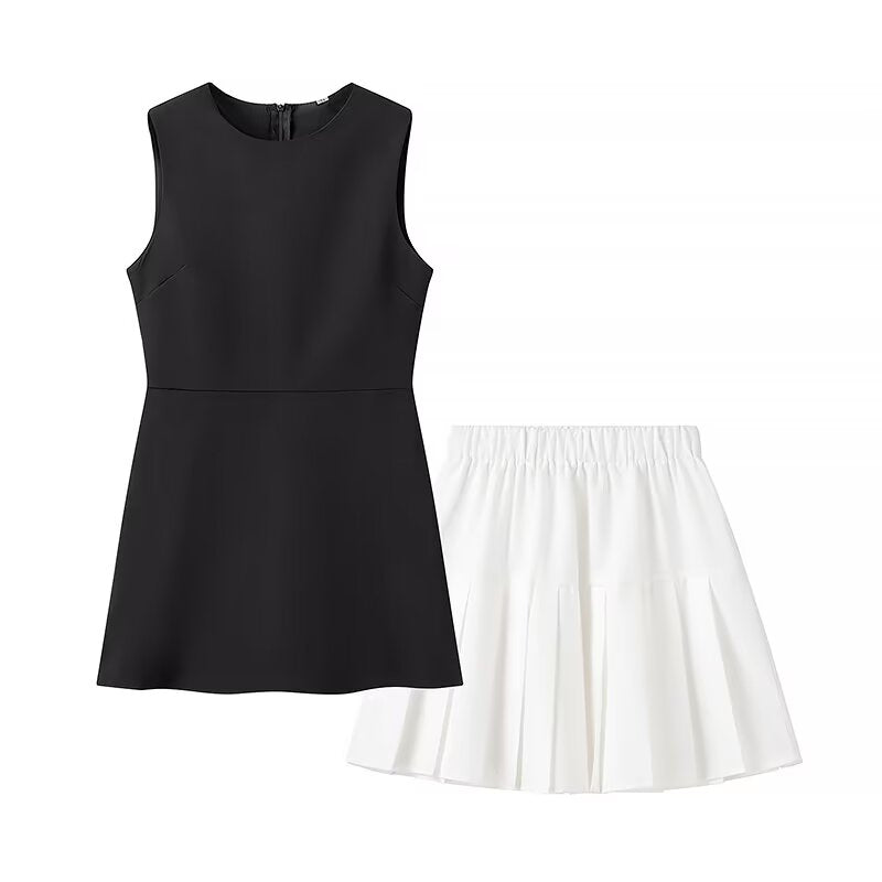 TGC “Spring Form” Sleek Two-Piece Dress Set | Minimalist Sleeveless Crew Neck Top & Short Skirt