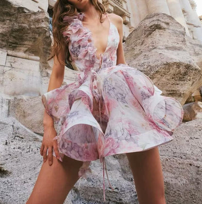 TGC “Fleur Grace” Spaghetti Strap Dress | Super Feminine Floral Waist-Tie Vacation Mini Dress