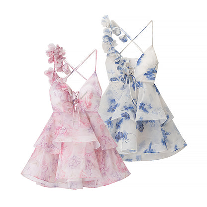 TGC “Fleur Grace” Spaghetti Strap Dress | Super Feminine Floral Waist-Tie Vacation Mini Dress