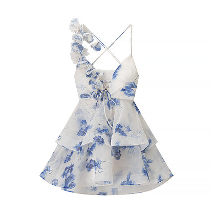 TGC “Fleur Grace” Spaghetti Strap Dress | Super Feminine Floral Waist-Tie Vacation Mini Dress