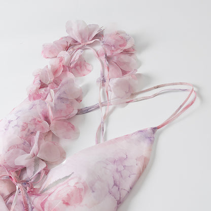 TGC “Fleur Grace” Spaghetti Strap Dress | Super Feminine Floral Waist-Tie Vacation Mini Dress