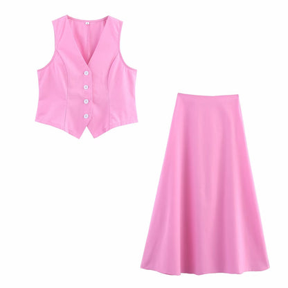 Summer Simplicity” V-Neck Vest & High Waist Midi Skirt Set | Sleeveless Office Chic 2-Piece