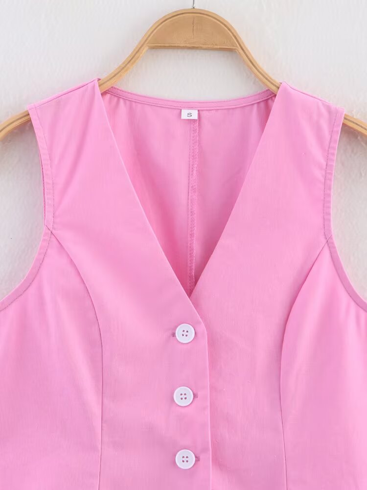 Summer Simplicity” V-Neck Vest & High Waist Midi Skirt Set | Sleeveless Office Chic 2-Piece