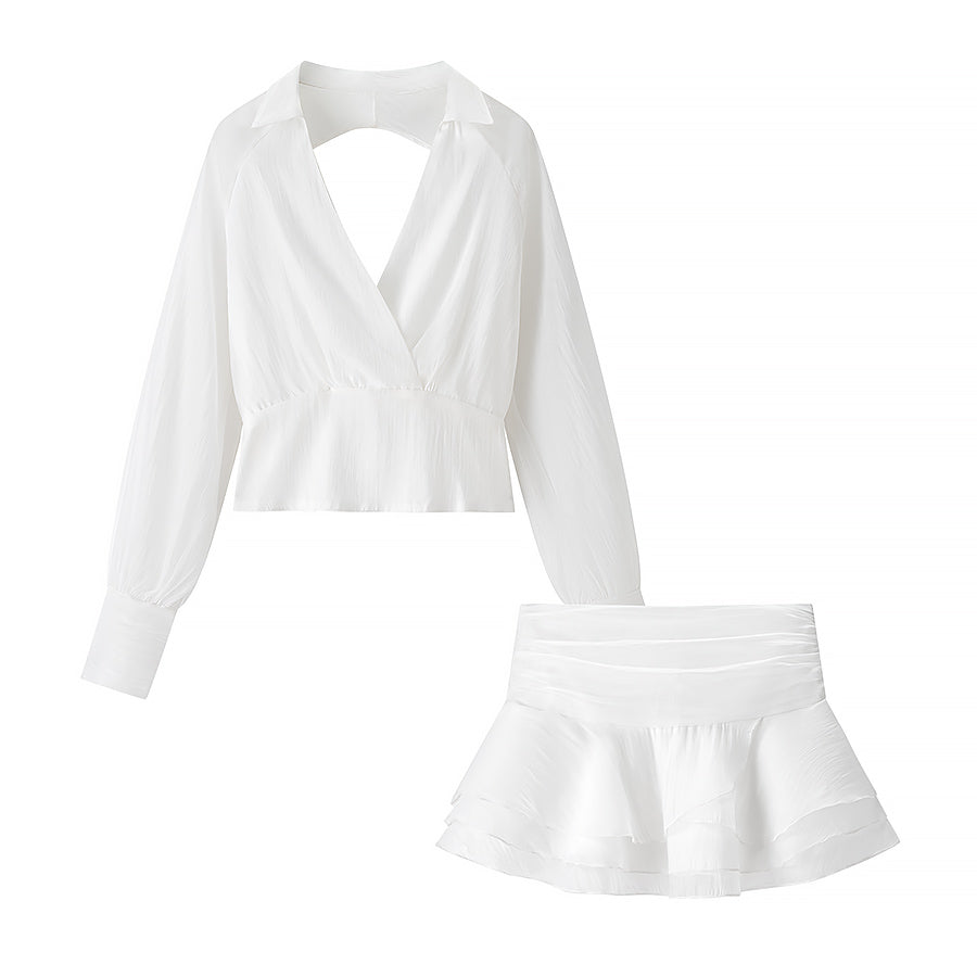 [TGC “Bold Grace” Vintage Plunge Blouse & Pleated Mini Skirt Set | Elegant Backless Two-Piece]