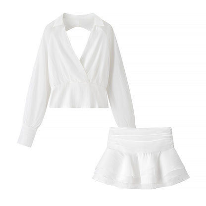 [TGC “Bold Grace” Vintage Plunge Blouse & Pleated Mini Skirt Set | Elegant Backless Two-Piece]