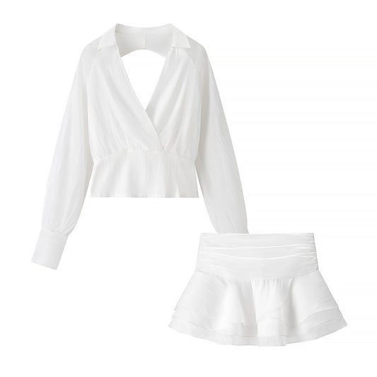 [TGC “Bold Grace” Vintage Plunge Blouse & Pleated Mini Skirt Set | Elegant Backless Two-Piece]