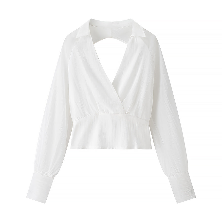 [TGC “Bold Grace” Vintage Plunge Blouse & Pleated Mini Skirt Set | Elegant Backless Two-Piece]