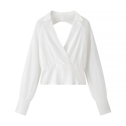 [TGC “Bold Grace” Vintage Plunge Blouse & Pleated Mini Skirt Set | Elegant Backless Two-Piece]