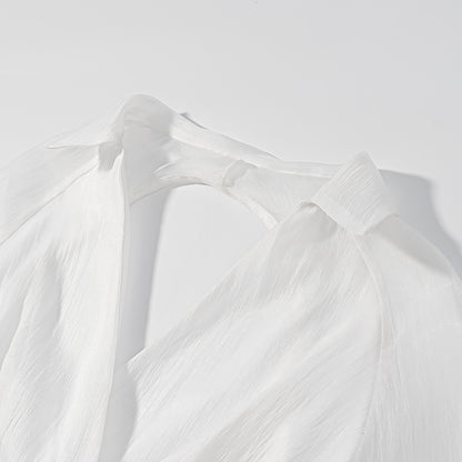 [TGC “Bold Grace” Vintage Plunge Blouse & Pleated Mini Skirt Set | Elegant Backless Two-Piece]