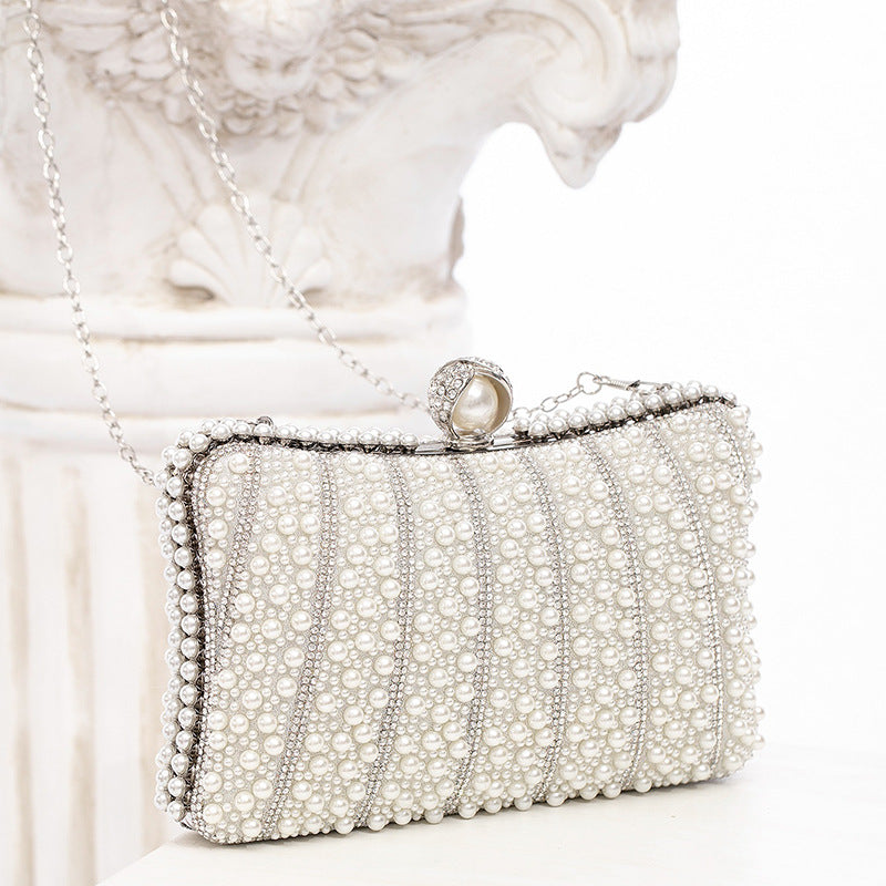 [The Esther Pearl Clutch] | Light Ivory Snap Evening Bag with Chain – Elegant Party & Dinner Tote by TGC