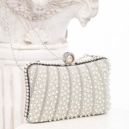 [The Esther Pearl Clutch] | Light Ivory Snap Evening Bag with Chain – Elegant Party & Dinner Tote by TGC