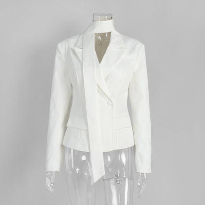 [Grace Bow Blazer] | Elegant Ribbon-Waist Short Office Coat – Double Breasted Women’s Blazer by TGC