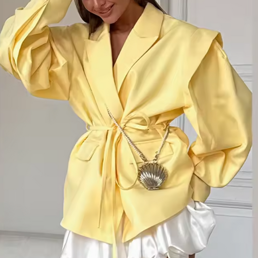 TGC “Grace in Bloom” Wide Shoulder Belted Blazer | Pastel Yellow & Baby Blue