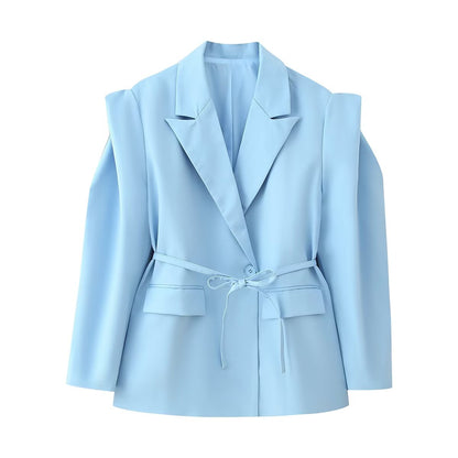 TGC “Grace in Bloom” Wide Shoulder Belted Blazer | Pastel Yellow & Baby Blue