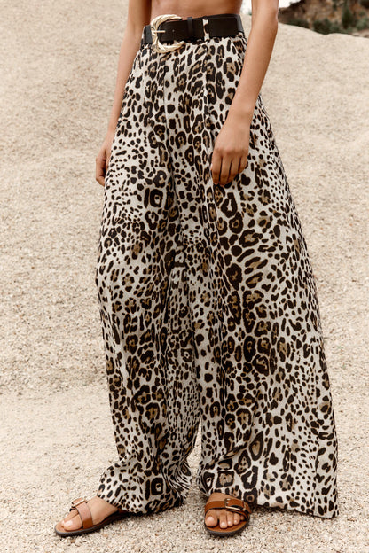 Luxe Belted Satin Trousers” | Casual Wide Leg Animal Print Pants with Pockets