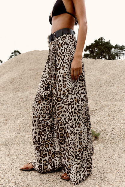 Luxe Belted Satin Trousers” | Casual Wide Leg Animal Print Pants with Pockets