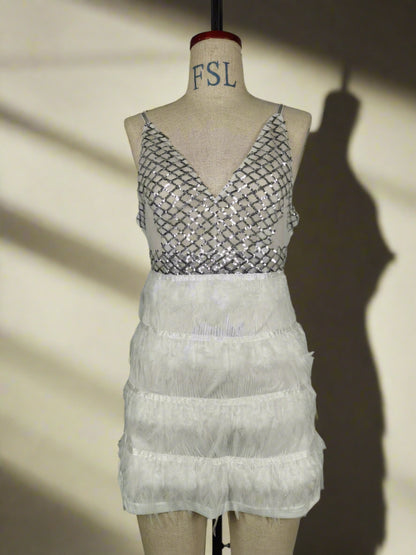 Prom Dresses | White Rhinestones and Feathers Mini Dress