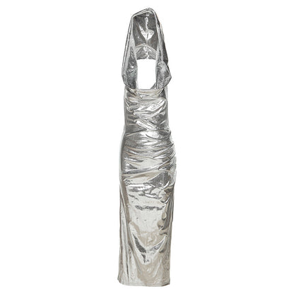 Y2k Fall Outfits | Silver Metallic Hooded Backless Dress