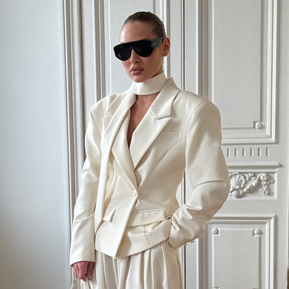 [Grace Bow Blazer] | Elegant Ribbon-Waist Short Office Coat – Double Breasted Women’s Blazer by TGC