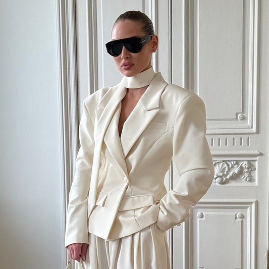 [Grace Bow Blazer] | Elegant Ribbon-Waist Short Office Coat – Double Breasted Women’s Blazer by TGC