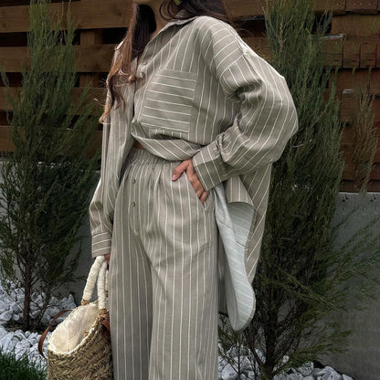 Christmas Outfit, Striped Long Sleeve Shirt Wide Leg Pants Outfit 2-piece Set