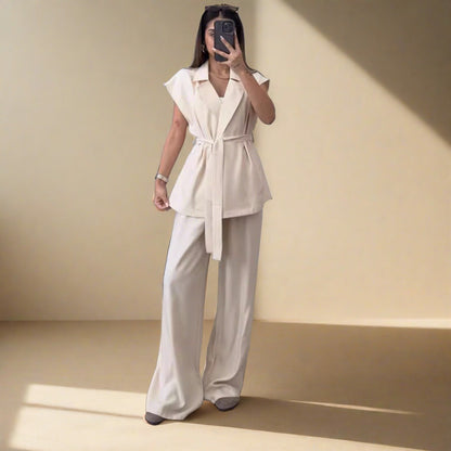 Casual Spring Outfits | Belted Kimono Top Wide Leg Pants Outfit 2-piece Set