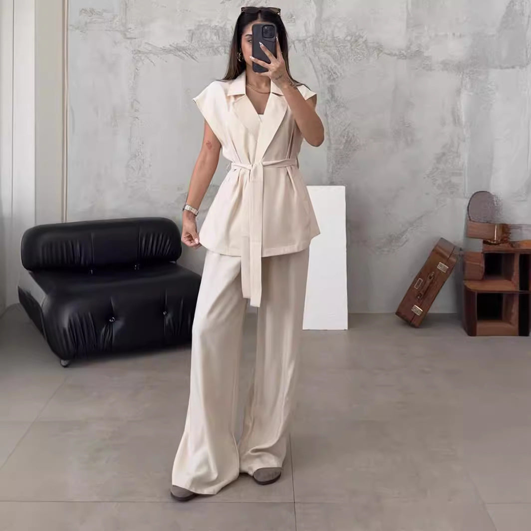 Casual Spring Outfits | Belted Kimono Top Wide Leg Pants Outfit 2-piece Set