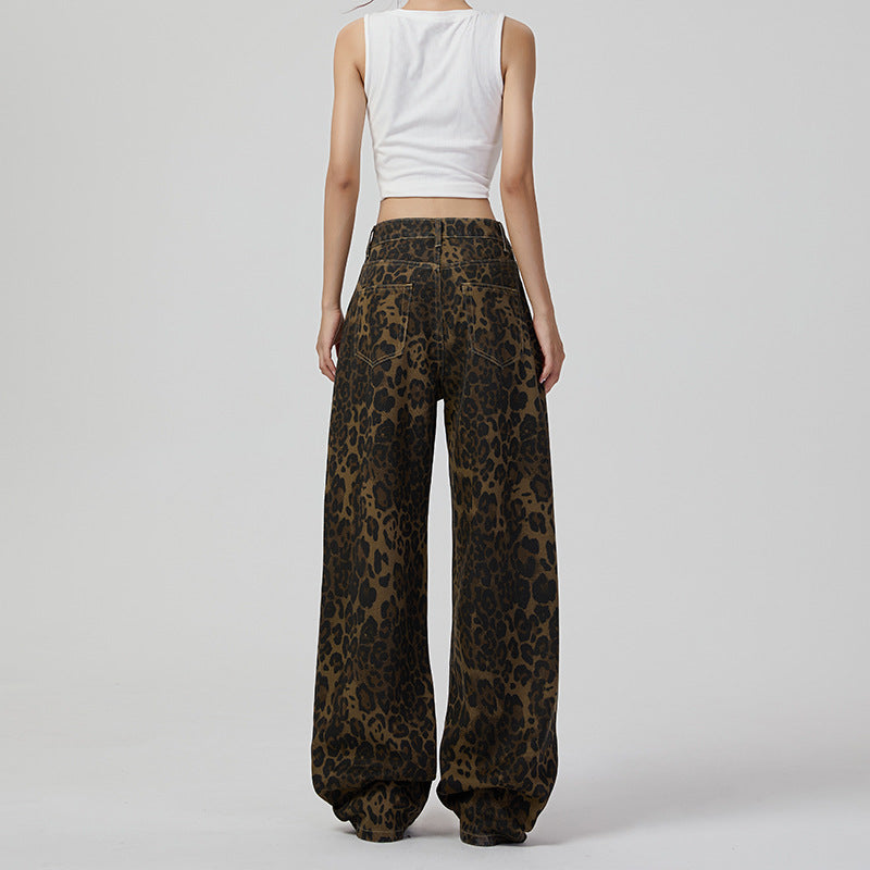 2024 Fashion Trends, Cotton Leopard Retro Wide Leg Jeans