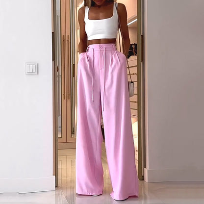 Pink Outfits | Crop Top Wide Leg Pants Pink Outfit 2-piece Set