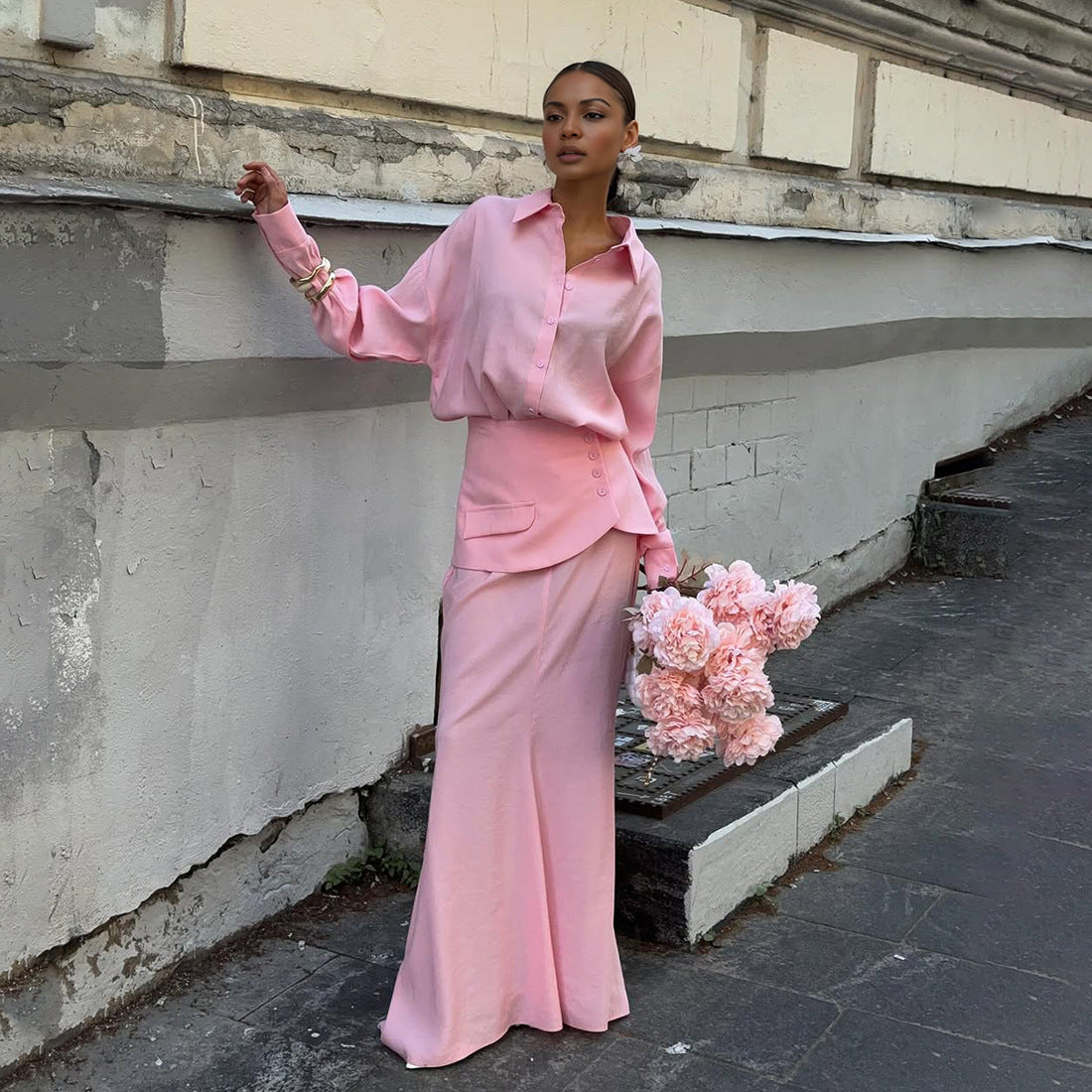 TGC “Grace Seal” 3-piece Set | Pink, Black Collared Shirt, Waist-Belt & Maxi Skirt | Fall Office Elegance