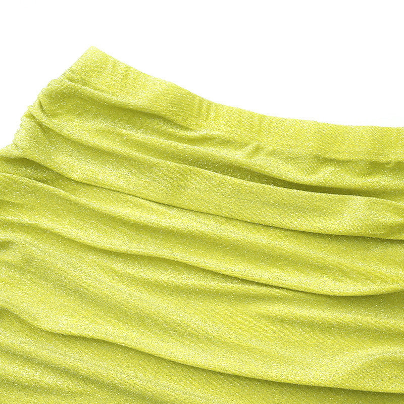 Neon Yellow Long Sleeve Crop Top Skirt Outfit 2-piece Set
