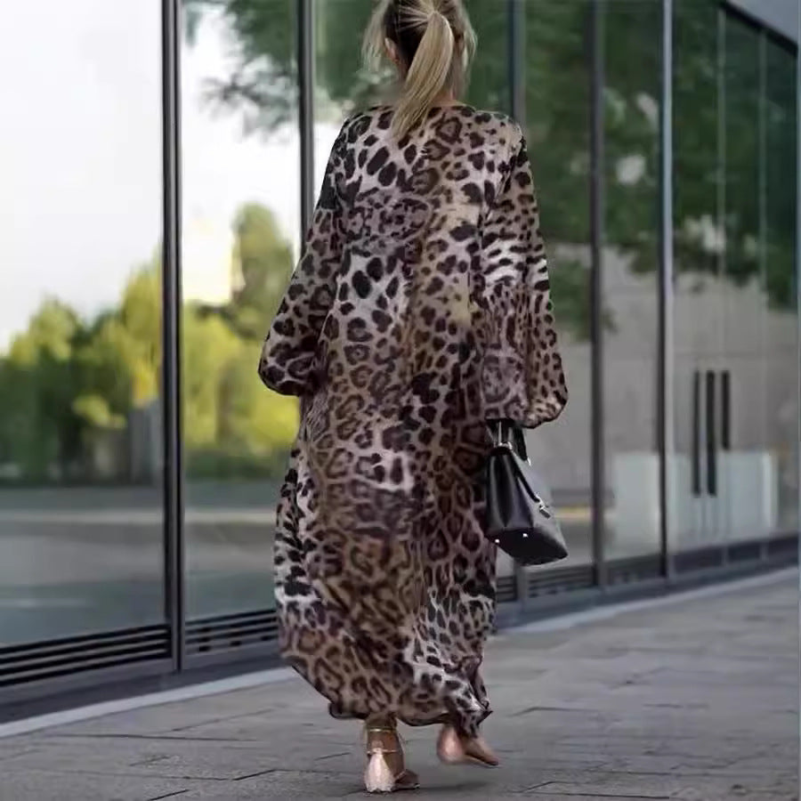 Loose Leopard Print Maxi Dress - V-Neck Lantern Sleeve Thanksgiving Outfit 2025 | Casual & Chic