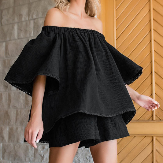 2024 Spring Outfits | Cotton Comfortable Bubble Off Shoulder Shirt Shorts Outfit 2-piece Set sizes S-L