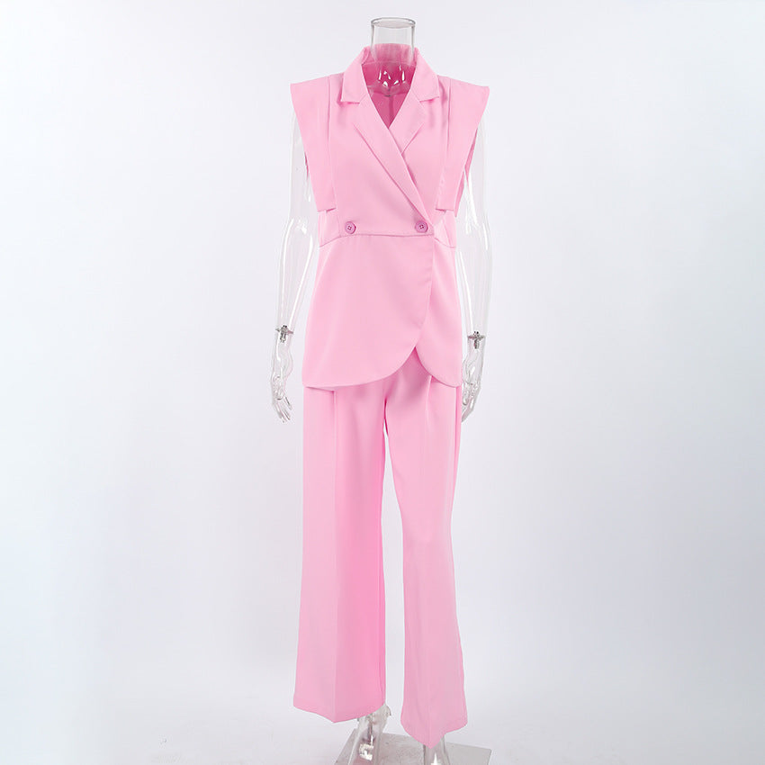 TGC “Blush Balance” Summer Set | Pink Sleeveless Collared Waistcoat & Wide Leg Pants | Casual Office Chic
